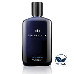 Blue bottle of Brickyard Superfresh shampoo displayed with vegan badge.