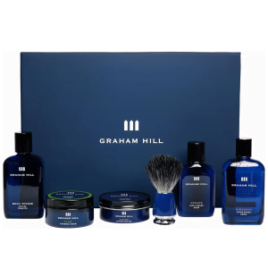 Gift Box and indicidual products includsing shaving soap, vegan shaving brush, after shave tonic, face balm, plus men's fragrance and hair styling product