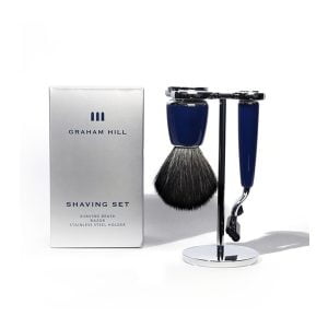 Shaving Brush and Razor with matching resin handles on stainless steel stand