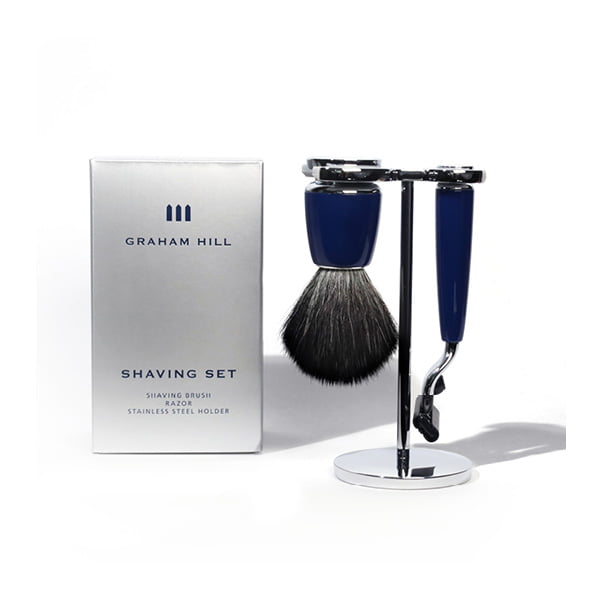 Shaving Brush and Razor with matching resin handles on stainless steel stand