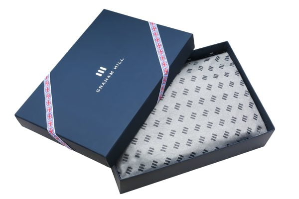 SIlverstone gift box with union jack ribbon and showing contents and tissue paper inside