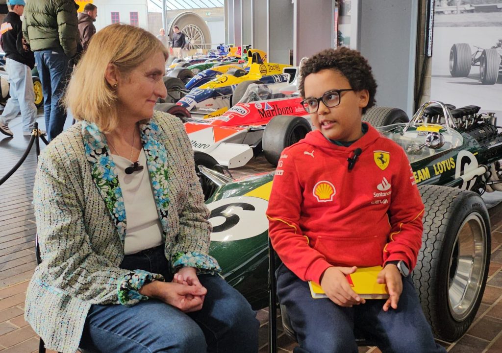 Noah interview Brigitte Hill at the National Motor Museum, Beaulieu.
