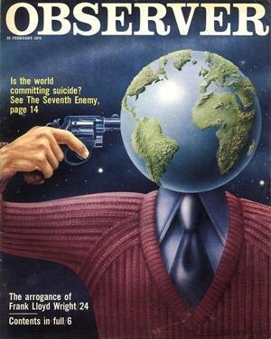 1975 front cover of the Observer magazine showing an article called 'Is the World committing suicide?