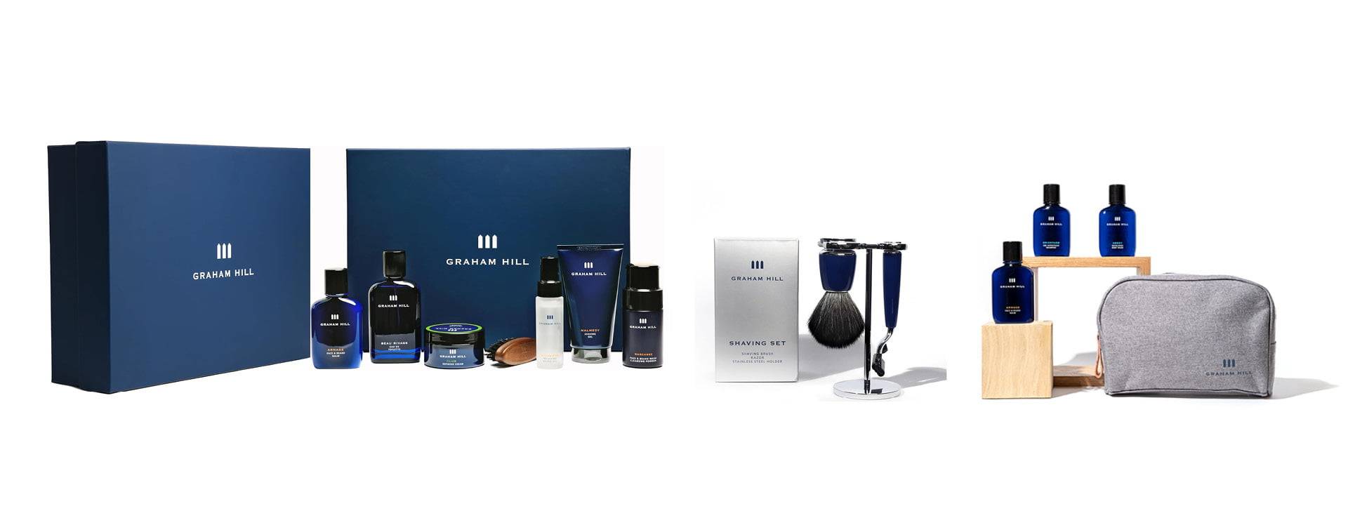 Gift ideas for him including beard grooming box set; shaving brush and razor on stand and travel set