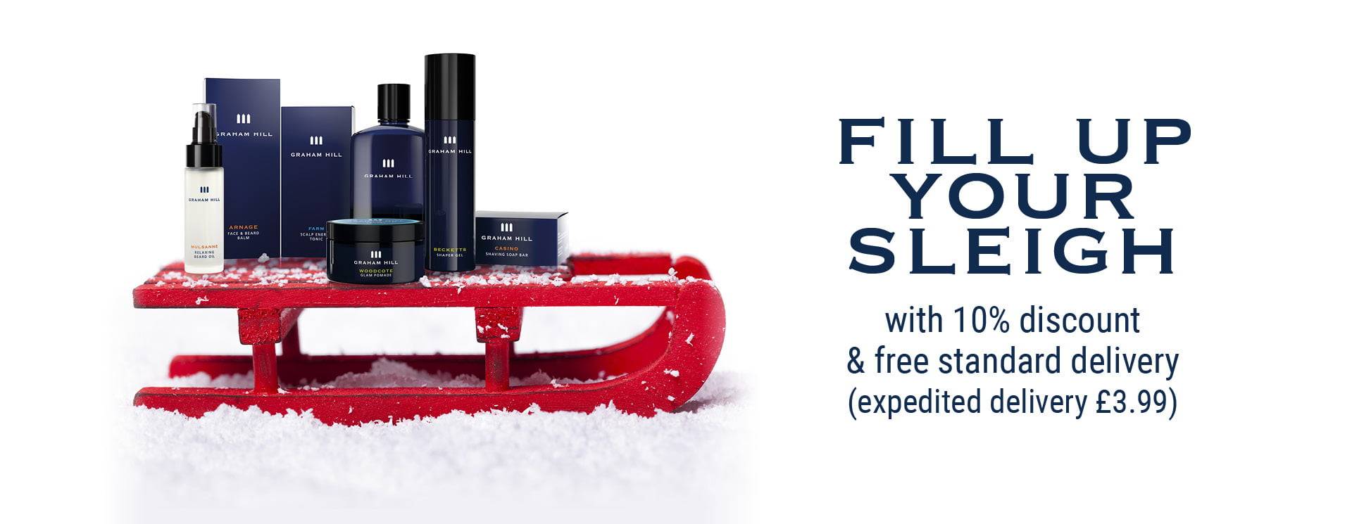 Red sleigh carrying Graham Hill products and advertising free delivery and 10% off
