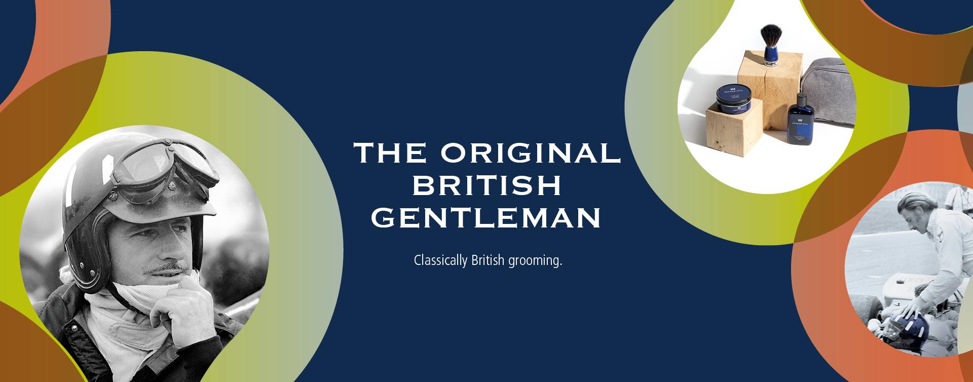 Images of Graham Hill and the line The Original British Gentleman on a a blue background with retro shapes holding product images