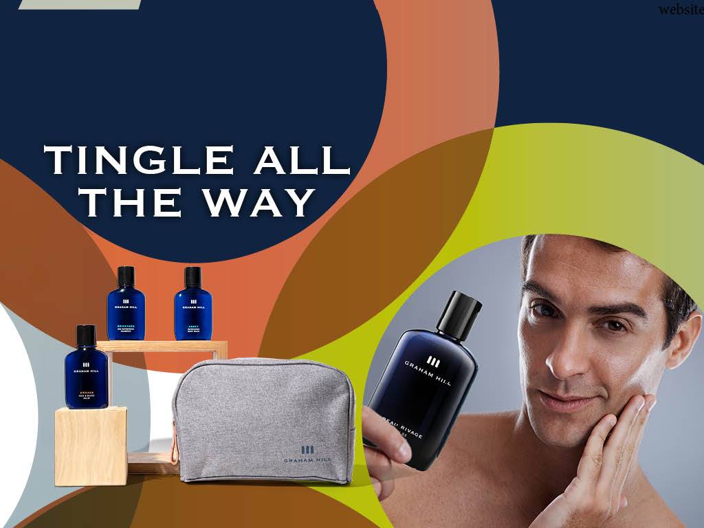 Man rubbing tingling aftershave onto his face, alongside inset picture of travel kit. Copy reads tingle all the way.